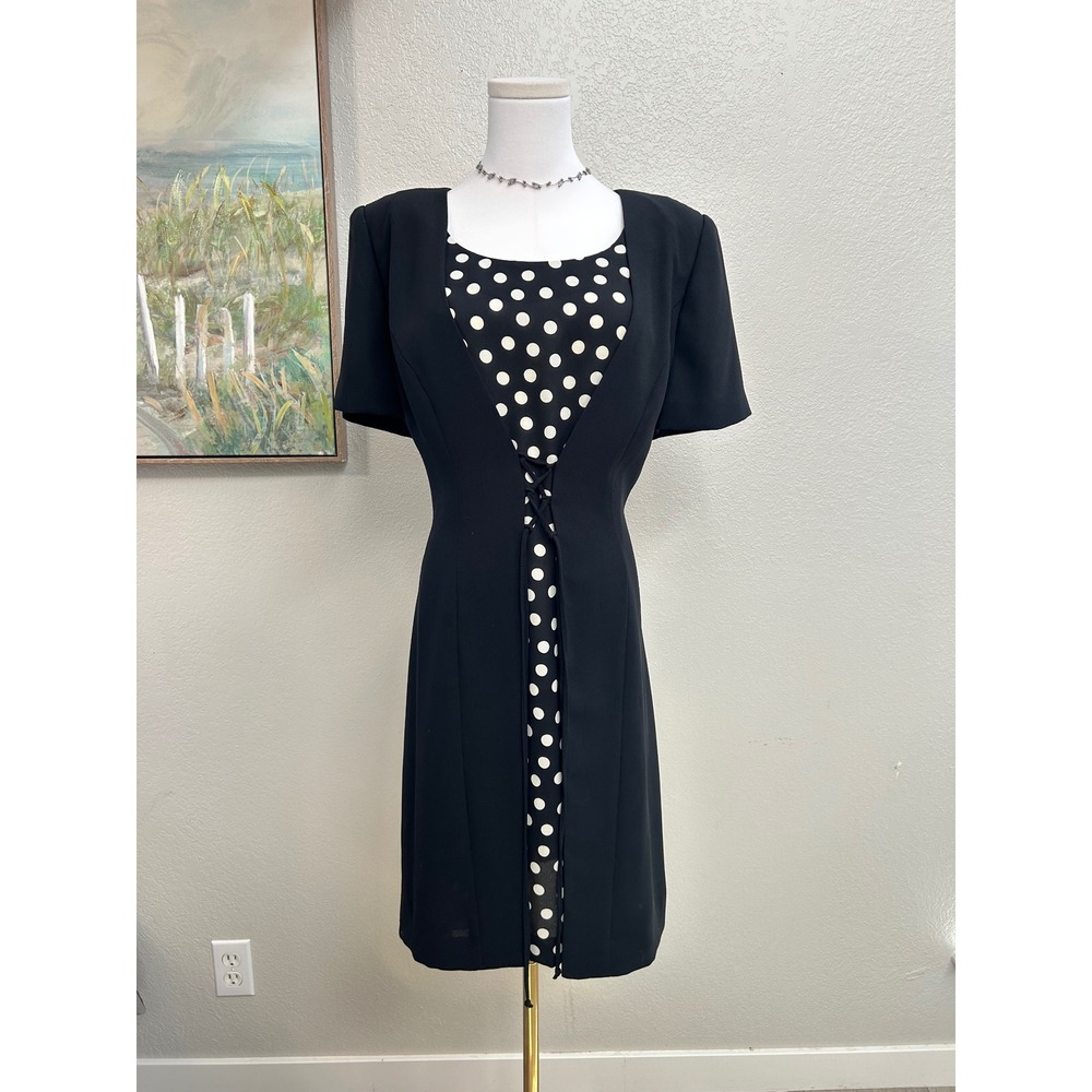 Vintage 90s Casual Corner Black Polka Dot Lace Up Sheath Dress Size 16 Career